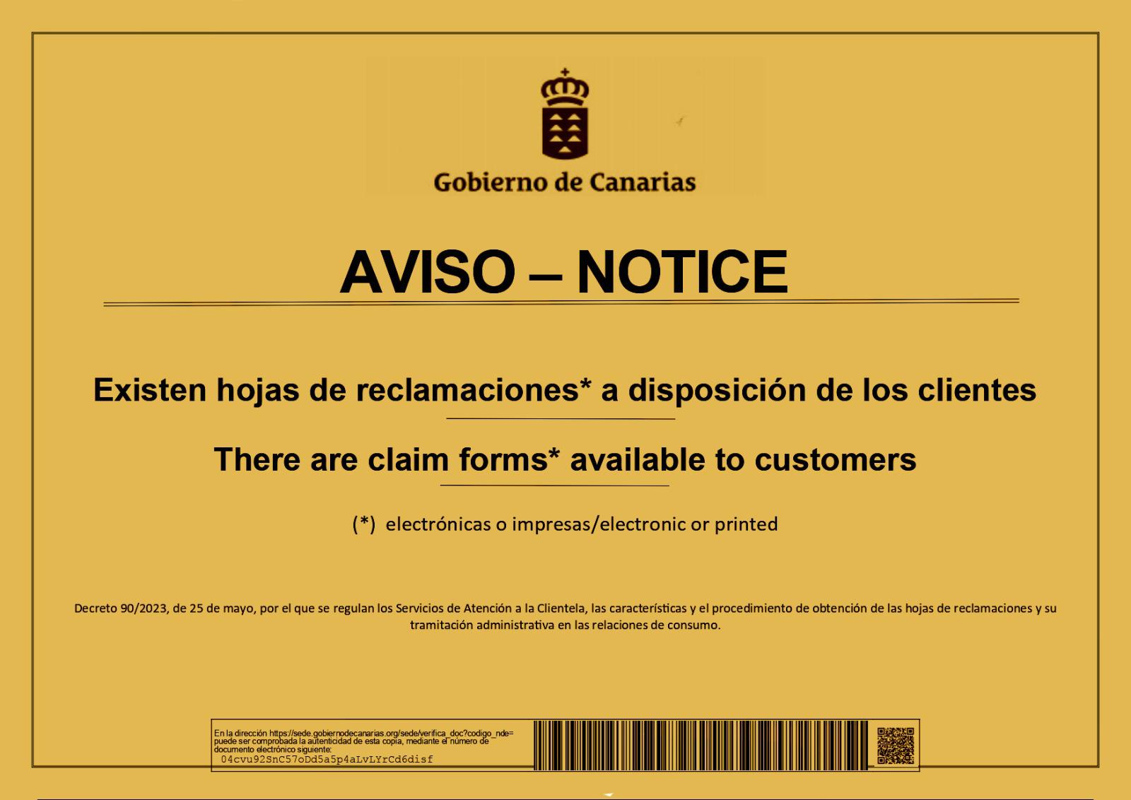 Hojas de reclamaciones disponibles