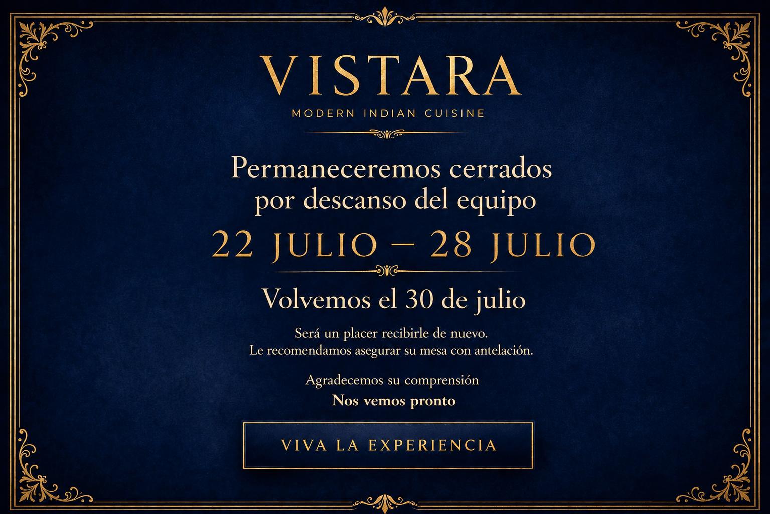 Vacaciones de Vistara. Pulse para reservar mesa.